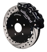 Wilwood black Superlite 6R caliper and 13.06-inch srp drilled and slotted rotor for Nissan 350Z & Infiniti G35, assembled front view