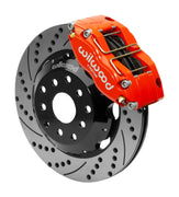 Wilwood red Dynapro DS caliper and 12-inch srp drilled and slotted rotor for Subaru Impreza, WRX, WRX STI, Forester, Legacy & Outback, assembled front view