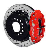 Wilwood red Superlite 4R caliper and 12.88-inch srp drilled and slotted rotor for Chevy 12-Bolt Factory C-Clip Axles, 2.81-Inch Offset, assembled rear view