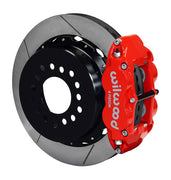 Wilwood red Superlite 4R caliper and 12.88-inch gt slotted rotor for Chevy 12-Bolt Factory C-Clip Axles, 2.81-Inch Offset, assembled rear view