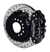 Wilwood black Superlite 4R caliper and 12.88-inch srp drilled and slotted rotor for Special Chevy 12-Bolt 3.15-Inch-Bearing Axles, 2.81-Inch Offset, assembled rear view