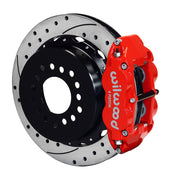 Wilwood red Superlite 4R caliper and 12.88-inch srp drilled and slotted rotor for Small Ford Axle Ends, 2.66-Inch Offset, assembled rear view