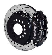 Wilwood black Superlite 4R caliper and 12.88-inch srp drilled and slotted rotor for Big Ford Old-Style Axle Ends, 2.36-Inch Offset, assembled rear view