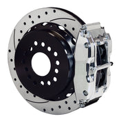 Wilwood polish Superlite 4R caliper and 12.88-inch srp drilled and slotted rotor for Big Ford Old-Style Axle Ends, 2.36-Inch Offset, assembled rear view