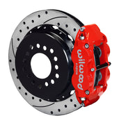 Wilwood red Superlite 4R caliper and 12.88-inch srp drilled and slotted rotor for Big Ford Old-Style Axle Ends, 2.36-Inch Offset, assembled rear view