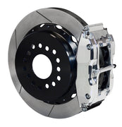 Wilwood polish Superlite 4R caliper and 12.88-inch gt slotted rotor for Big Ford Old-Style Axle Ends, 2.36-Inch Offset, assembled rear view