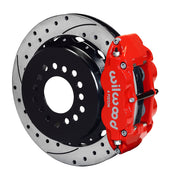 Wilwood red Superlite 4R caliper and 12.88-inch srp drilled and slotted rotor for Big Ford New-Style Axle Ends, 2.36-Inch Offset, assembled rear view