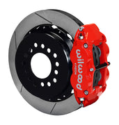 Wilwood red Superlite 4R caliper and 12.88-inch gt slotted rotor for Big Ford New-Style Axle Ends, 2.36-Inch Offset, assembled rear view