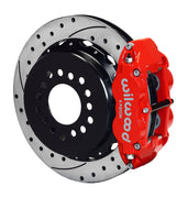 Wilwood red Superlite 4R caliper and 12.88-inch srp drilled and slotted rotor for Big Ford New-Style Axle Ends, 2.50-Inch Offset, assembled rear view