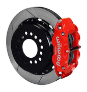Wilwood red Superlite 4R caliper and 12.88-inch gt slotted rotor for Big Ford New-Style Axle Ends, 2.50-Inch Offset, assembled rear view