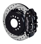 Wilwood black Superlite 4R caliper and 12.88-inch srp drilled and slotted rotor for Small Ford Axle Ends, 2.50-Inch Offset, assembled rear view