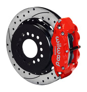 Wilwood red Superlite 4R caliper and 12.88-inch srp drilled and slotted rotor for Small Ford Axle Ends, 2.50-Inch Offset, assembled rear view