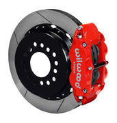 Wilwood red Superlite 4R caliper and 12.88-inch gt slotted rotor for Small Ford Axle Ends, 2.50-Inch Offset, assembled rear view