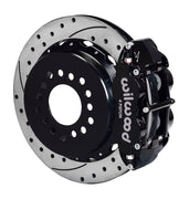 Assembled view of a Wilwood black FNSL4R rear caliper with a 12.88-inch drilled and slotted rotor