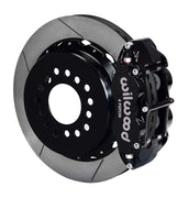 Assembled view of a Wilwood black FNSL4R rear caliper with a 12.88-inch slotted rotor