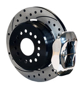 Assembled view of a Wilwood polished FDLI rear caliper with a 12.19-inch drilled and slotted rotor