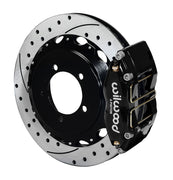 Assembled view of a Wilwood black DPR-DS rear caliper with a 12.88-inch drilled and slotted rotor