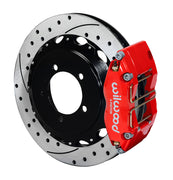 Assembled view of a Wilwood red DPR-DS rear caliper with a 12.88-inch drilled and slotted rotor