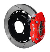 Assembled view of a Wilwood red DPR-DS rear caliper with a 12.88-inch slotted rotor