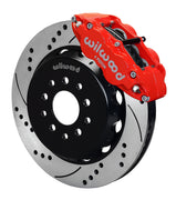 Assembled view of a Wilwood red FNSL6R front caliper with a 14.00-inch drilled and slotted rotor