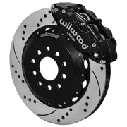 Assembled view of a Wilwood black FNSL6R front caliper with a 14.00-inch drilled and slotted rotor