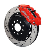 Assembled view of a Wilwood red FNSL6R front caliper with a 14.00-inch drilled and slotted rotor