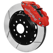 Assembled view of a Wilwood red FNSL6R front caliper with a 14.00-inch slotted rotor