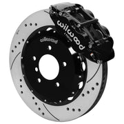Assembled view of a Wilwood black FNSL6R front caliper with a 14.00-inch drilled and slotted rotor