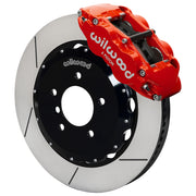 Assembled view of a Wilwood red FNSL6R front caliper with a 14.00-inch slotted rotor