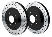 Angled detail of two Wilwood dimpled and slotted Corvette rotors; the complete package contains four rotors