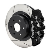 Assembled view of a Wilwood black AERO4 rear caliper with a 14.25-inch slotted rotor