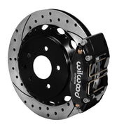 Assembled view of a Wilwood black DPR-DS rear caliper with a 12.88-inch drilled and slotted rotor