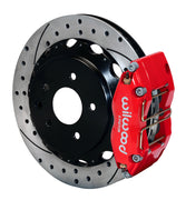 Assembled view of a Wilwood red DPR-DS rear caliper with a 12.88-inch drilled and slotted rotor