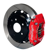 Assembled view of a Wilwood red DPR-DS rear caliper with a 12.88-inch slotted rotor