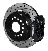 Assembled view of a Wilwood black FDLI rear caliper with a 12.19-inch drilled and slotted rotor