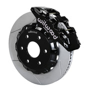 Assembled view of a Wilwood black AERO6 front caliper with a 14.25-inch slotted rotor