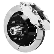 Assembled view of a Wilwood polished FNSL6R front caliper with a 12.88-inch slotted rotor
