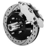 Assembled view of a Wilwood polished FNSL6R front caliper with a 14.00-inch drilled and slotted rotor