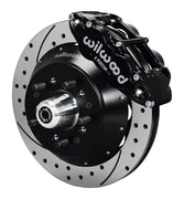 Assembled view of a Wilwood black FNSL6R front caliper with a 12.88-inch drilled and slotted rotor