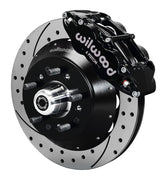 Assembled view of a Wilwood black FNSL6R front caliper with a 14.00-inch drilled and slotted rotor