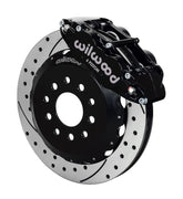 Assembled view of a Wilwood black FNSL6R front caliper with a 13.06-inch drilled and slotted rotor