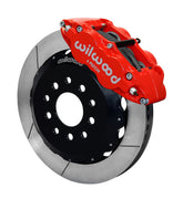 Assembled view of a Wilwood red FNSL6R front caliper with a 14.00-inch slotted rotor