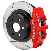 Wilwood AERO4 rear brake assembly with red caliper and GT slotted rotors