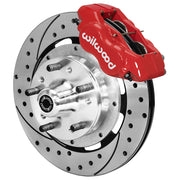 Wilwood Forged Dynalite Internal front brake assembly with red caliper and drilled-and-slotted rotors