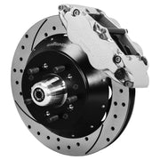 Wilwood Forged Narrow Superlite 6R front brake assembly with polished caliper and drilled-and-slotted rotors
