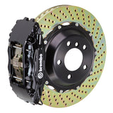 The Brembo Gran Turismo Front Big Brake Kit for 964 Carrera 2 (1990-94) features GT 4-Piston calipers, FM1000 pads, 332mm x 32mm cross-drilled rotors, Goodrich braided lines, and CNC billet mounts. It delivers top-notch braking performance and reliability.