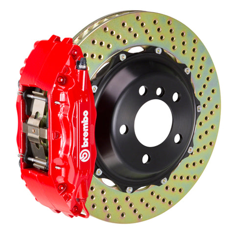 The Brembo Gran Turismo Front Big Brake Kit for 964 Carrera 2 (1990-94) features GT 4-Piston calipers, FM1000 pads, 332mm x 32mm cross-drilled rotors, Goodrich braided lines, and CNC billet mounts. It delivers top-notch braking performance and reliability.