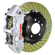 The Brembo Gran Turismo Front Big Brake Kit for 996 C2 enhances braking performance with 6-Piston cast monobloc calipers and FM1000 pads for street and track use. It features 380mm x 32mm cross-drilled high-carbon rotors with corrosion-resistant plating, Goodrich braided lines, and CNC billet hardware.