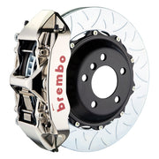 The Brembo GT-R Nickel Plated Front Big Brake Kit for 996 C2 (1999-2004) features 6-Piston billet monobloc calipers with high-performance FM1000 pads for street and track use. It includes 355mm x 32mm cross-drilled high-carbon rotors, Goodrich braided lines, and CNC billet hardware for top-notch braking performance.