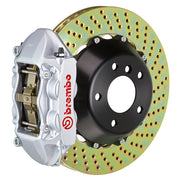 The Brembo Gran Turismo Rear Big Brake Kit for 993 C2/C4 (1995-98) features 4-Piston monobloc calipers with FM1000 pads, 345mm x 28mm cross-drilled rotors, Goodrich braided lines, and CNC billet mounting hardware, providing a complete performance braking solution.